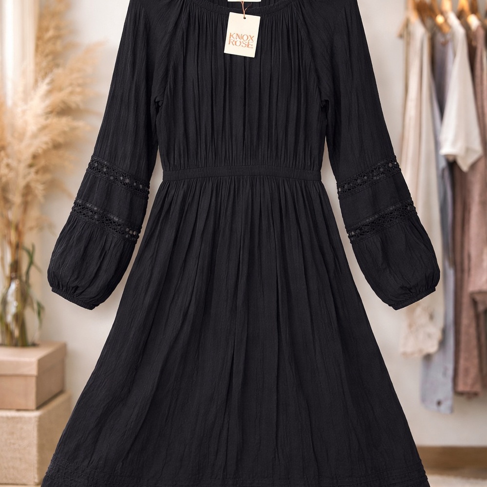 Knox Rose Black Boho Dress w/ Pockets Long Sleeve Gauze Peasant Mini A-Line NWT